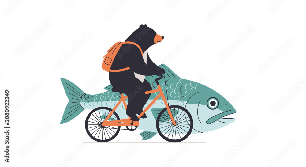 Fototapeta premium Bear riding bicycle on a giant fish, surreal, whimsical, funny, isolated on white