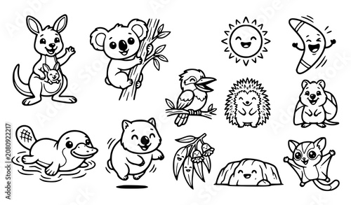 Canvas Print Cute Australian Animal Collection Featuring Kangaroo Koala Platypus Echidna Bird