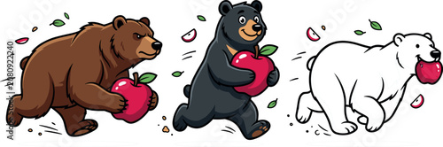 Cute Running Bear Character Collection Featuring Grizzly Black Bear and Polar Bear Carrying Red Apple Vector Illustration Mascot Designs