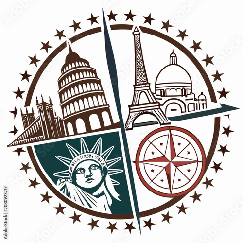 World travel concept with iconic monuments in a circular emblem design, vacation