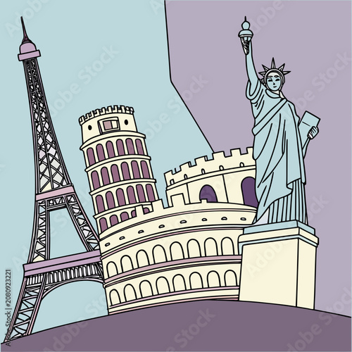 Illustration of famous world landmarks including tower and monumental statue