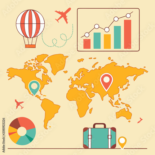 Travel and business logistics infographic with world map and data charts