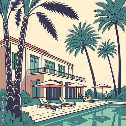 Luxury villa with swimming pool and lounge chairs in palm garden, swimming