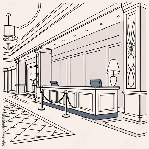 Modern hotel reception desk interior with marble pillars and chandelier