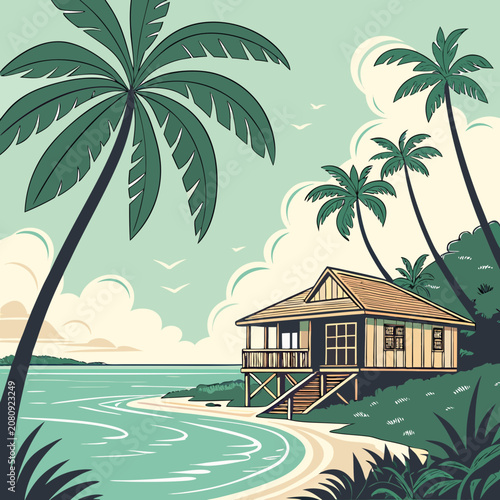 Tropical wooden stilt house on sandy beach with palm trees illustration