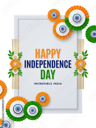 Happy Independence Day Greeting Card with Indian Flag Colors and Decorative Paper Rosettes Isolated