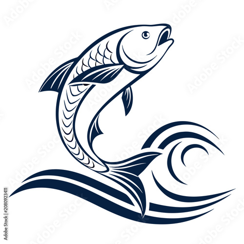 Jumping fish over ocean wave line art graphic design with wildlife, illustration
