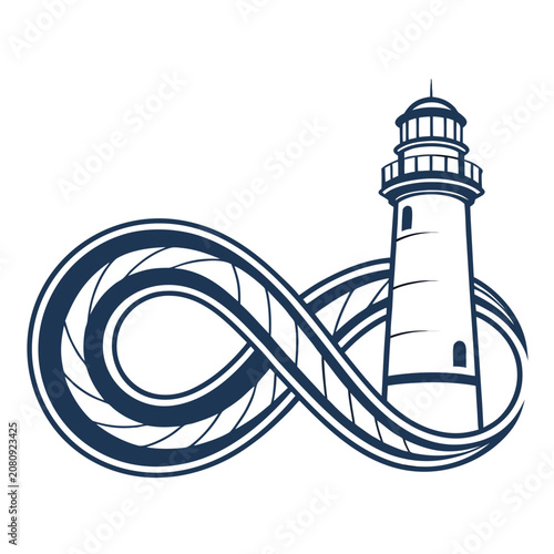 Lighthouse icon integrated with infinity symbol line graphic, lighthouse