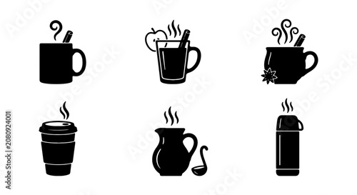 Fotografía Mulled wine icon set, hot winter drinks vector silhouettes, autumn beverage symb