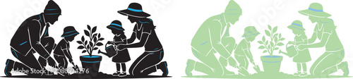 Family Tree Planting Silhouette Vector Set Featuring Parents and Children Gardening Together for Environmental Conservation and Nature Education