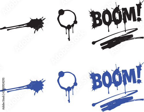 Graffiti Paint Splash and Boom Text Silhouette Vector Set Featuring Urban Ink Splatter Elements for Street Style Design