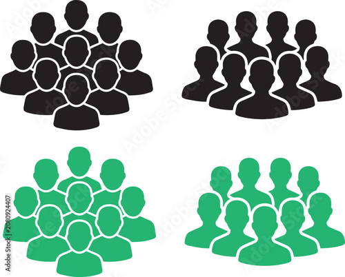 Group People Silhouette Icons Collection with Black and Green Human Team Avatars Isolated on White Background Vector Design