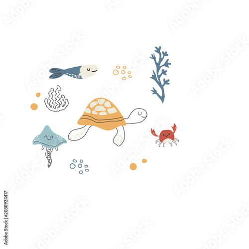 Photography Cute turtle and jellyfish, crab and tropical fish composition on white background
