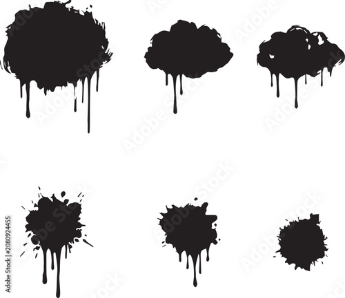 Ink Splatter and Paint Drip Silhouette Vector Collection Featuring Grunge Blot Stain Elements Isolated on White Background
