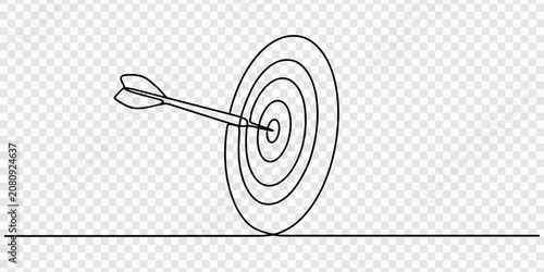 One line drawing of arrow hitting bullseye target, Arrow shoted on the target in continuous one line drawing. Single line art illustration of arrow on target.one line Art icon drawing vector