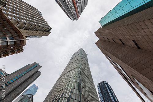 A view of skyscrapers from the bottom up