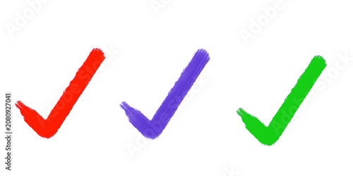 Hand Drawn Colorful Check Mark Set – Red Purple Green Tick Icons, Brush Stroke Approval Symbols, Doodle Vector Illustration Pack