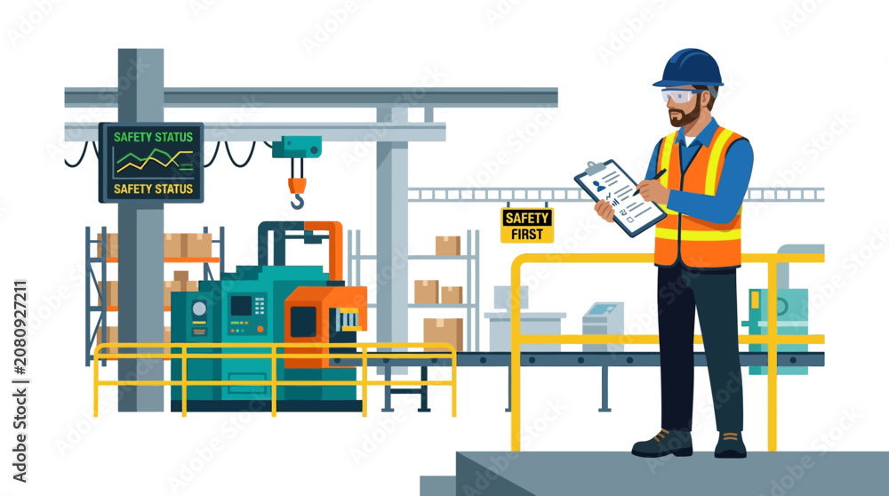 Fototapeta premium Factory Worker Inspecting Machinery and Safety Status in Industrial Plant