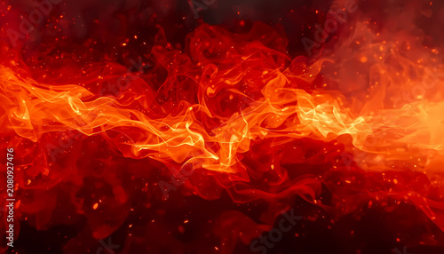 Dynamic and intense close-up of bright orange and red flames with glowing embers and fiery textures creating a powerful visual impact