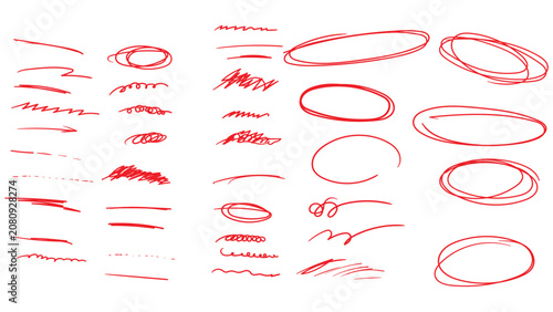 Bild auf Leinwand Red marker highlight doodle element set, hand drawn selection circles text under
