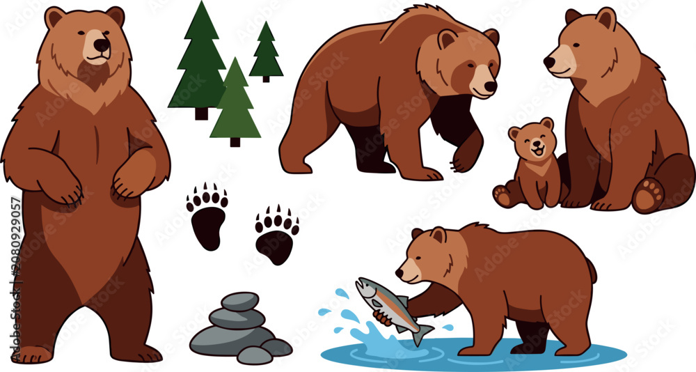 Fototapeta premium Grizzly brown bear wildlife cartoon character vector set featuring family with cute cub standing walking catching salmon fish paw footprints and pine trees.