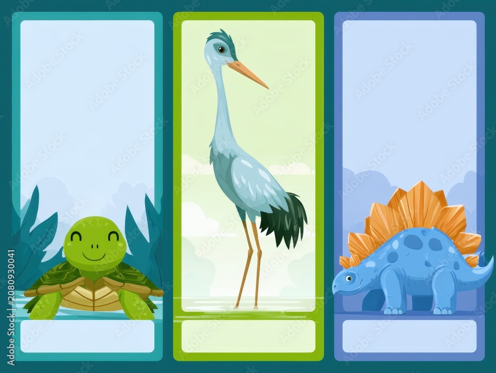 Fototapeta premium Cute Cartoon Animal Cards Set: Turtle, Bird, and Dinosaur Illustration