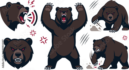 Photos Angry grizzly bear mascot vector character set featuring aggressive roaring grizzly standing with sharp claws attacking head profile and fierce growling poses