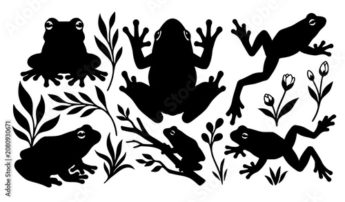 Canvastavla Amphibian Wildlife Silhouette Icon Set Featuring Frogs and Toads in Various Pose