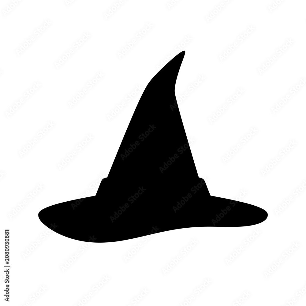 Fototapeta premium Black witch hat, Halloween icon, magic symbol, vector silhouette isolated on White Background silhouette