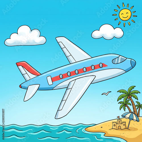 Cartoon blue airplane flying over a sunny tropical beach with a sandcastle