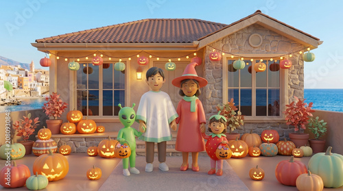 Asian family in costumes near their house decorated with glowing Halloween pumpkins