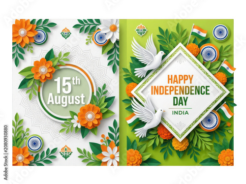 Paper Cutout Style Indian Independence Day Greeting Card with Floral Decorations and Flying Doves