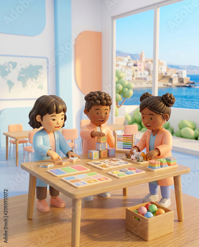 Diverse 3D Cartoon Children Playing with Educational Toys in a Bright Classroom