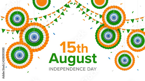Decorative Paper Fans and Bunting Flags Displaying Indian Tricolor Colors for Independence Day Event