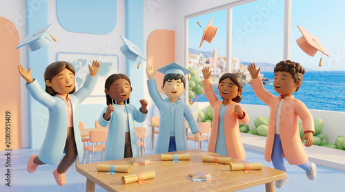 Happy diverse graduates throwing caps in a bright classroom with sea view