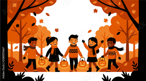 Happy kids in autumn sweaters walking in the forest with halloween pumpkin baskets illustration