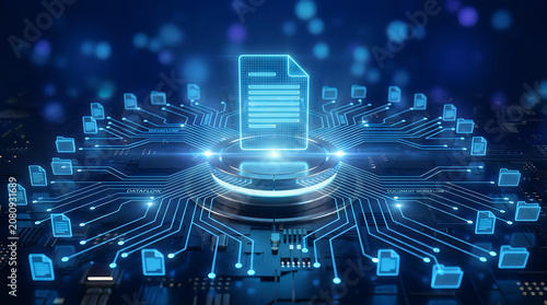 Abstract circuit board with numerous data files circulating around a central glowing core, representing digital workflow and dataflow.