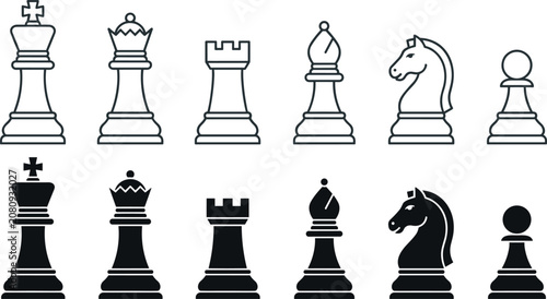 Fotografia Standard chess pieces vector icon set featuring black solid and white outline silhouettes of king queen rook bishop knight and pawn elements