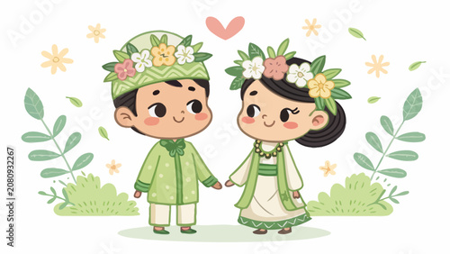 Fotografie Cartoon couple in traditional green wedding attire holding hands