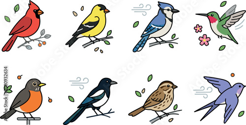 Cuadro en lienzo North American backyard birds vector icon set featuring cardinal goldfinch blue jay hummingbird robin magpie sparrow and swallow cartoon illustrations