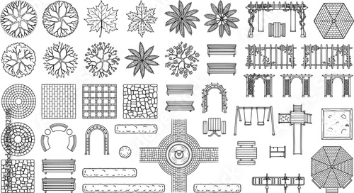Foto Set of landscape architecture and garden design elements, top view transparent b