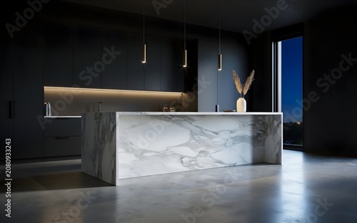Sleek Contemporary Kitchen Interior Featuring Dark Cabinets, Calacatta Marble Countertops, and Night City View