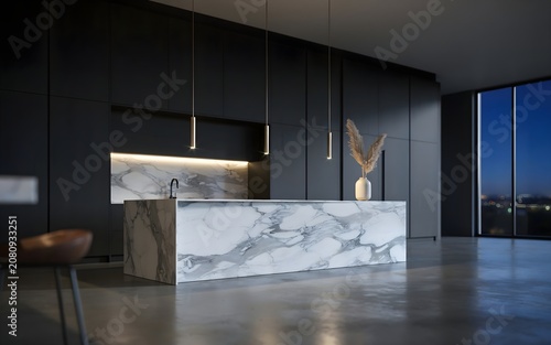Luxury Minimalist Black Kitchen with Elegant White Marble Island and Modern Cylinder Pendant Lights
