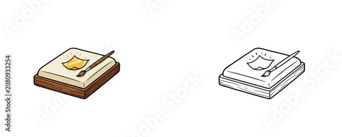 Konstfotografi Cartoon illustrations of gold leaf cushion pad and brush in flat colored brown w