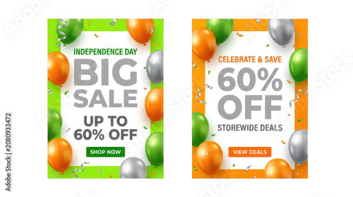 Promotional Sale Banners Featuring Colorful Balloons and Confetti on Bright Backgrounds