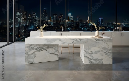 Luxury White Penthouse Kitchen with Large Marble Island and Stunning Night City Skyline View