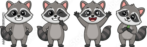 Foto Cute raccoon cartoon character set featuring happy expressions smiling winking celebrating with starry eyes and holding leaf vector illustration elements