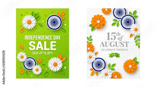 Decorative Floral Frames with Ashoka Chakra Symbols for Indian Independence Day Celebration Designs