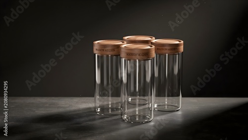 Minimalist Glass Containers with Brand Names and Wooden Tops in a Moody Cinematic Studio Lighting