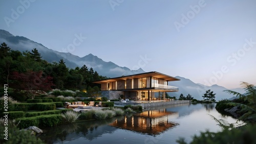 Luxury Modern Mountain Villa next to a Calm Lake with a Stunning View of the Alps at Sunset